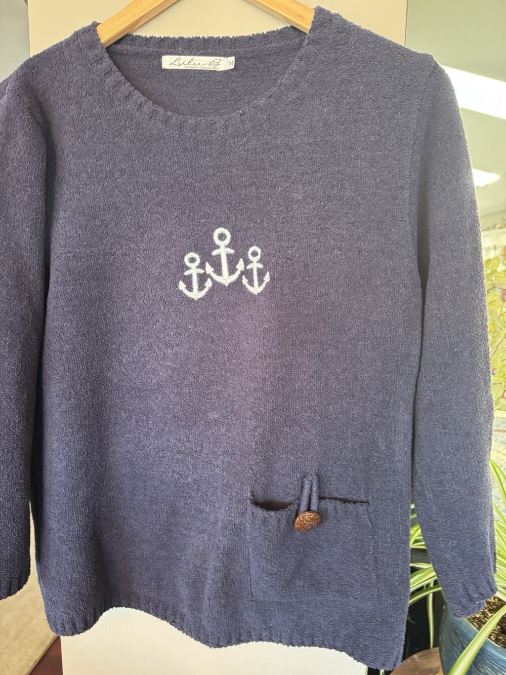 Lulu B Women’s Med Navy With Embroidered Anchor Coastal Nautical Resort